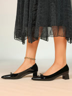 Black Patent Pointed-Toe Heels with Gold-Tone Metal Accent and Block Heel