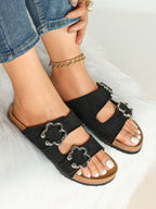 Black Suede Double-Buckle Slides with Silver-Tone Floral Hardware
