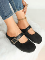 Black Suede Mary Jane Mule with Gold-Tone Buckle and Cushioned Sole