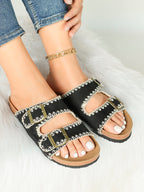 Taupe Suede Slides with Contrast Whipstitch Trim and Gold-Tone Buckles