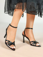 Black Glossy Strappy Open Toe Ankle Strap Sandals Knotted Multi-Band Detail Block Heels
