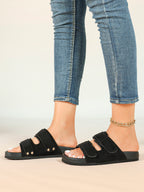 Black Suede Double-Strap Velcro Slide Sandals with Cushioned Footbed