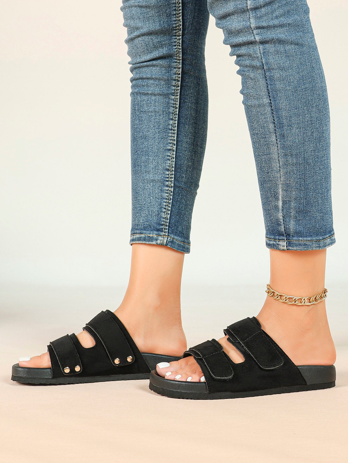 Black Suede Double-Strap Velcro Slide Sandals with Cushioned Footbed