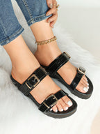 Black Patent Croc-Embossed Double Buckle Slide Sandals