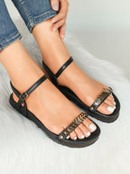 Black Leather Flat Sandals with Gold Coin Detail and Ankle Strap Summer Vacation
