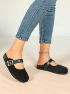 Black Suede Mary Jane Mule with Gold-Tone Buckle and Cushioned Sole