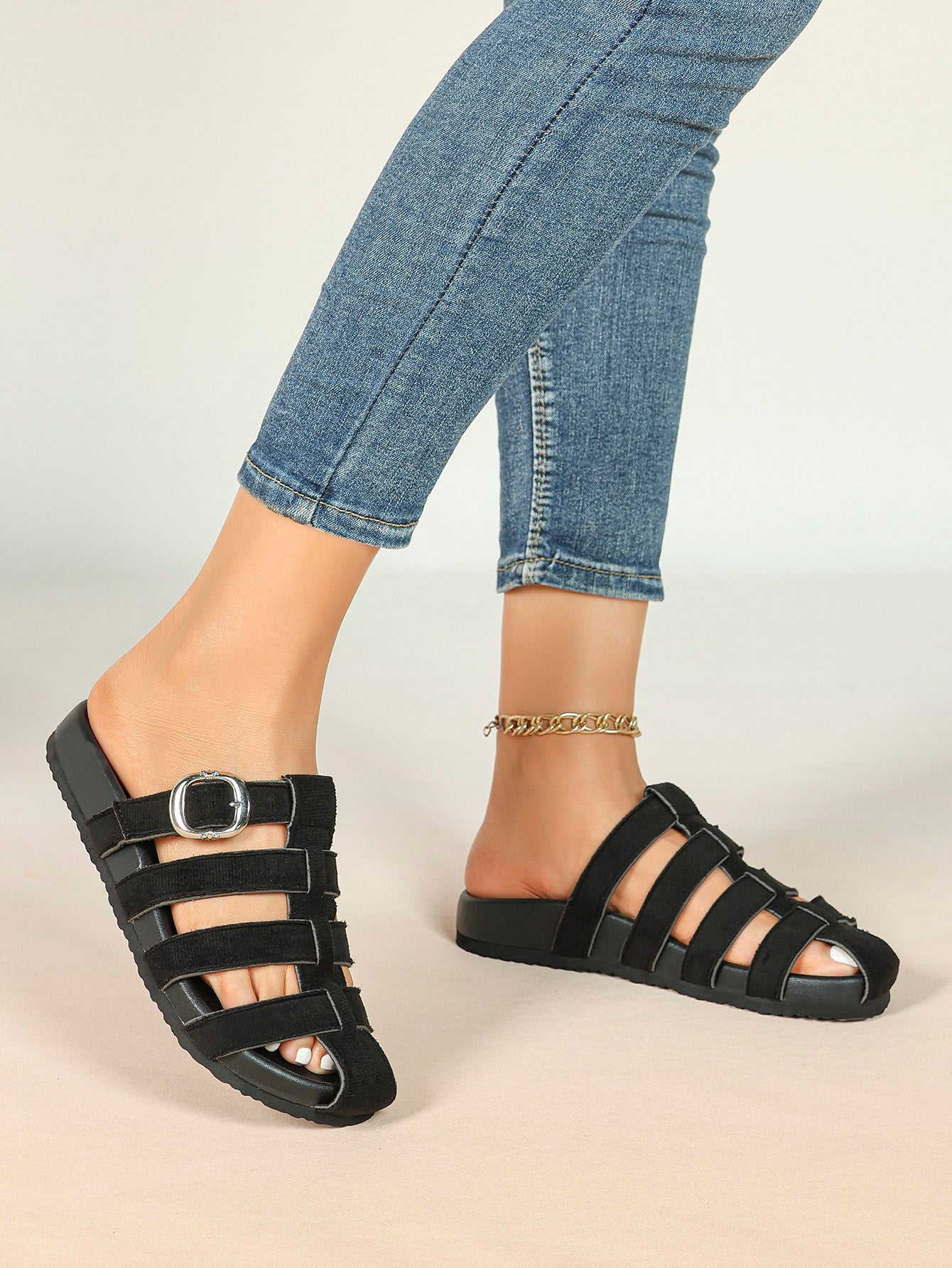 Camel Suede Woven Cage Slides with Silver-Tone Side Buckle