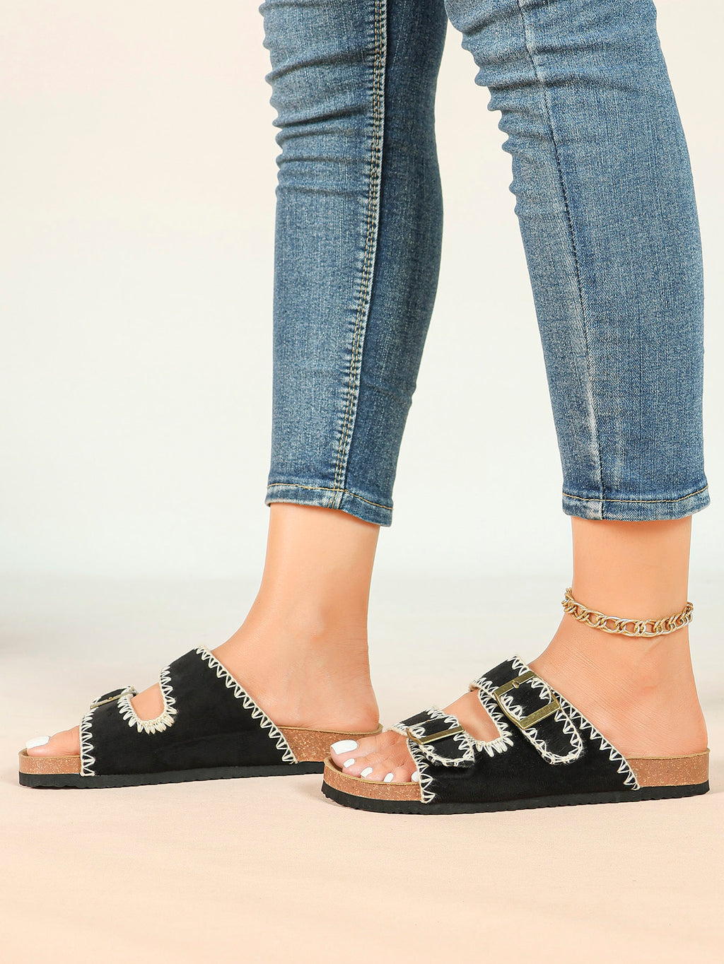 Taupe Suede Slides with Contrast Whipstitch Trim and Gold-Tone Buckles