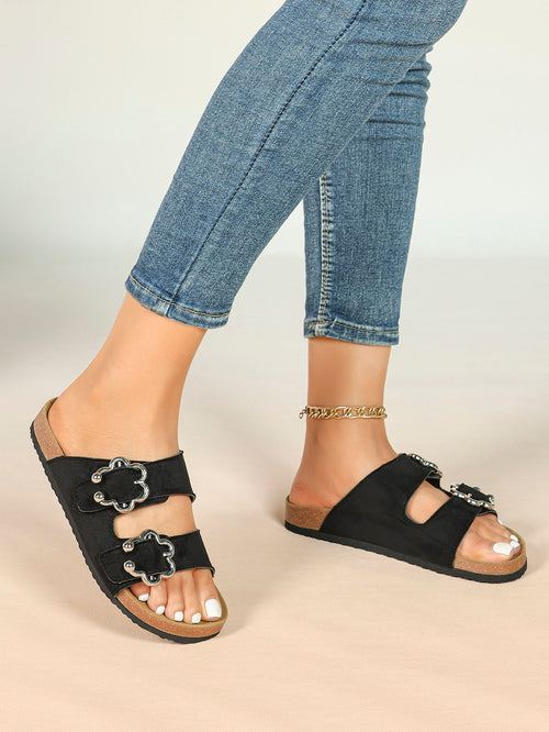 Black Suede Double-Buckle Slides with Silver-Tone Floral Hardware