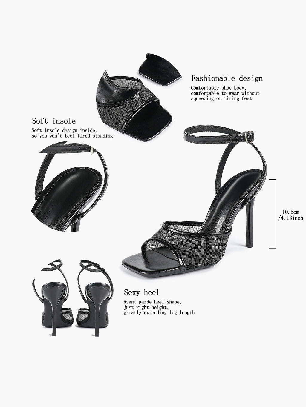 Mesh Panel Ankle Strap Heeled Sandals Square Toe Stiletto Pumps Wedding Party Office