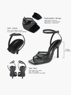 Mesh Panel Ankle Strap Heeled Sandals Square Toe Stiletto Pumps Wedding Party Office