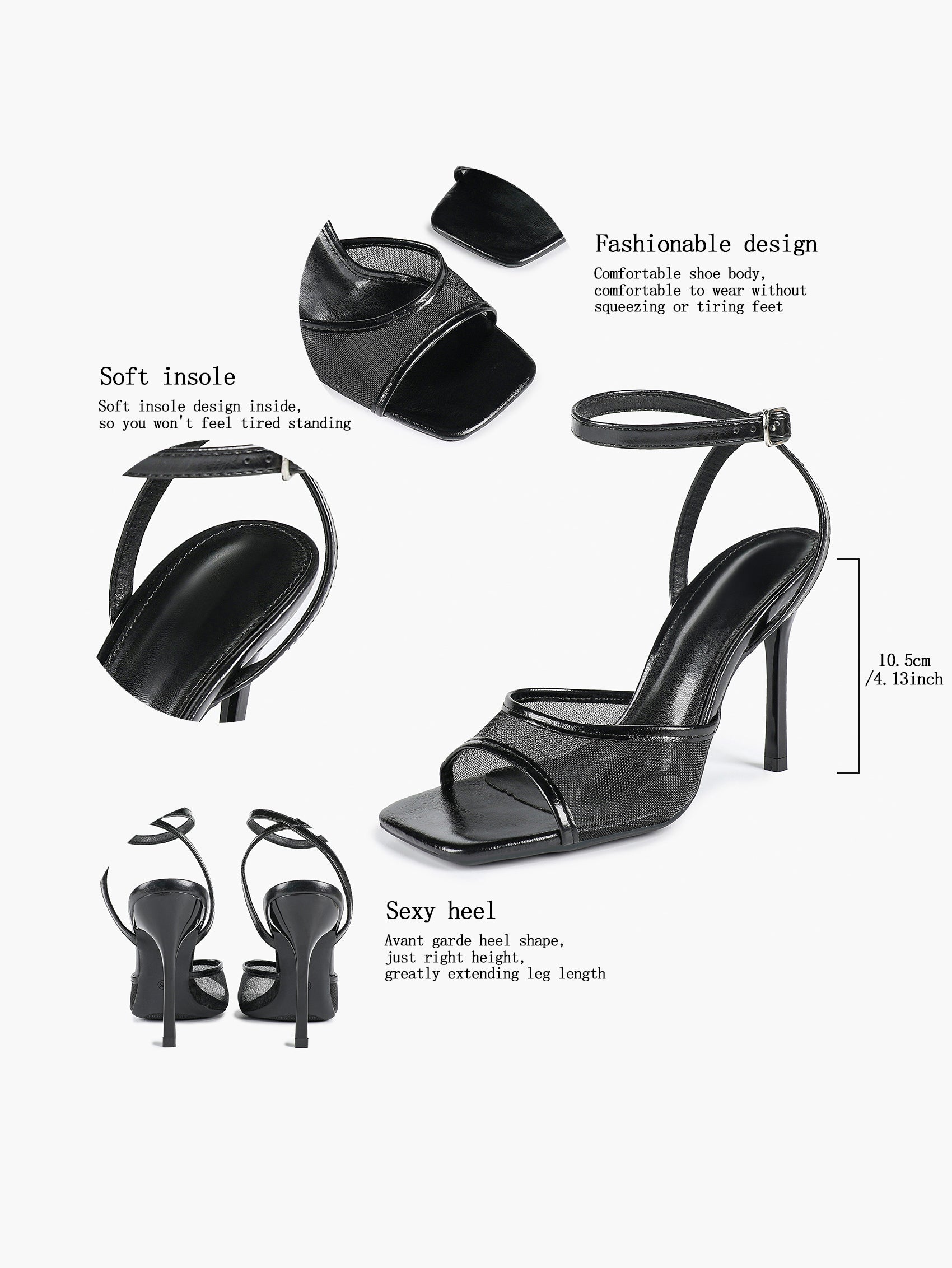 Mesh Panel Ankle Strap Heeled Sandals Square Toe Stiletto Pumps Wedding Party Office