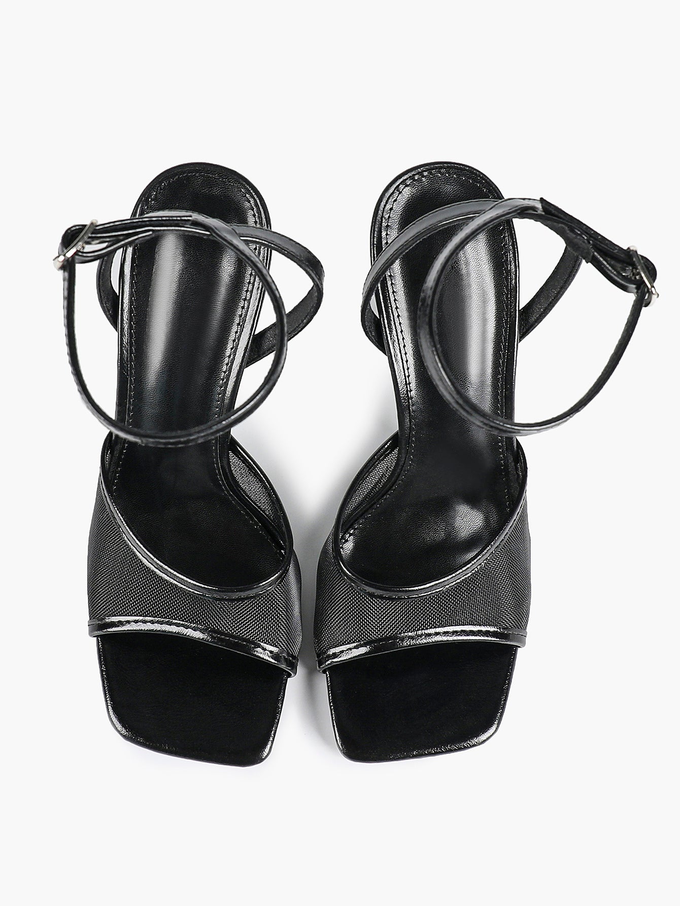 Mesh Panel Ankle Strap Heeled Sandals Square Toe Stiletto Pumps Wedding Party Office