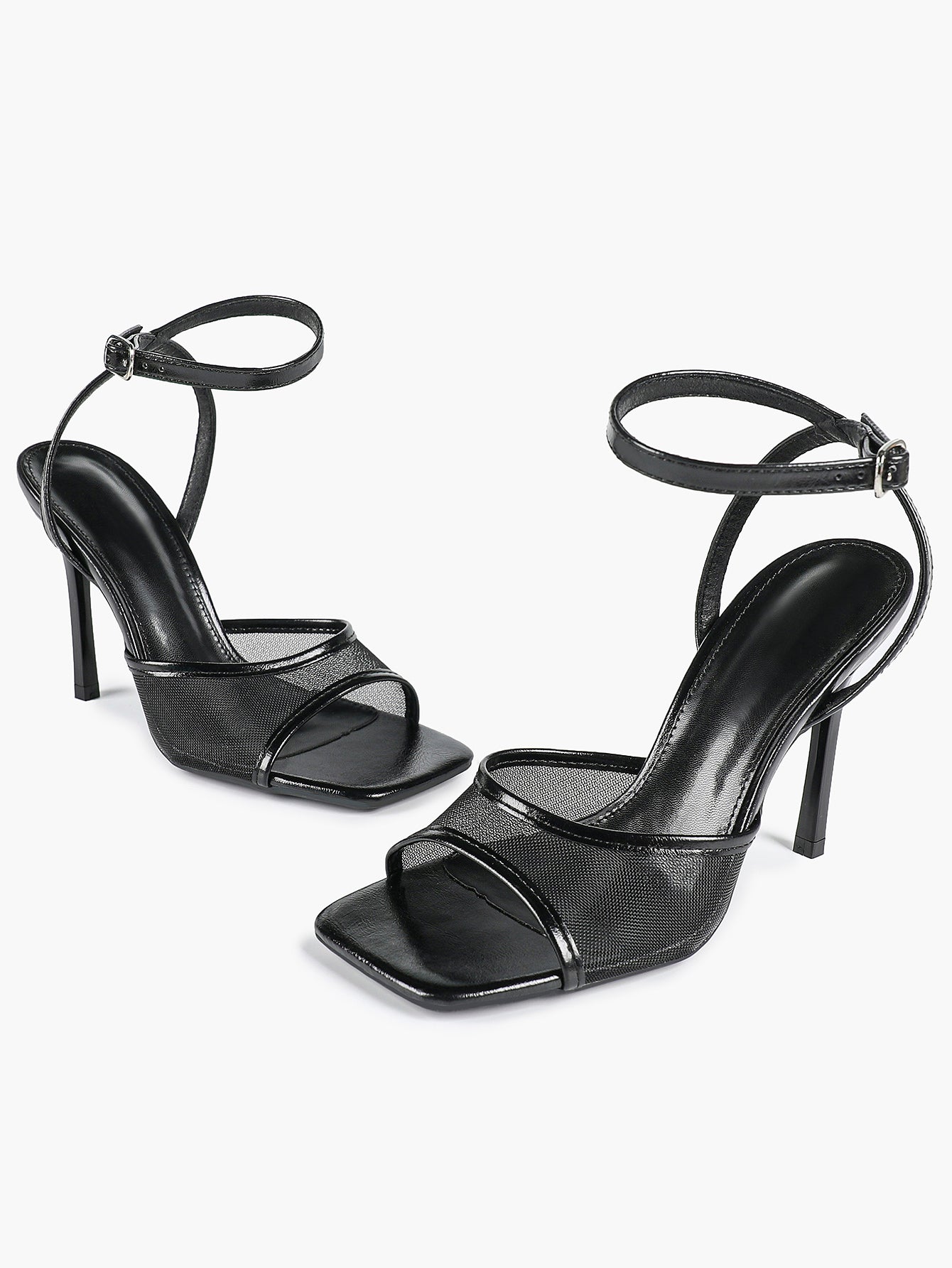 Mesh Panel Ankle Strap Heeled Sandals Square Toe Stiletto Pumps Wedding Party Office