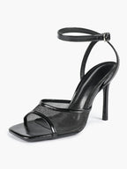 Mesh Panel Ankle Strap Heeled Sandals Square Toe Stiletto Pumps Wedding Party Office