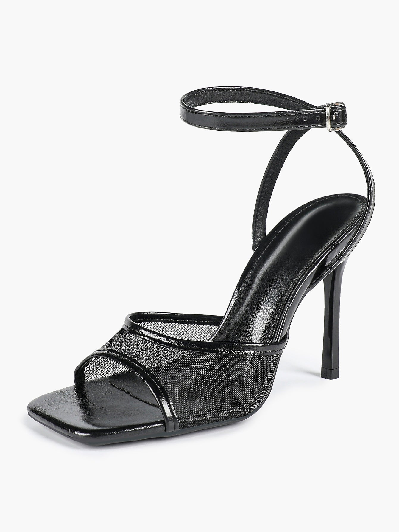 Mesh Panel Ankle Strap Heeled Sandals Square Toe Stiletto Pumps Wedding Party Office