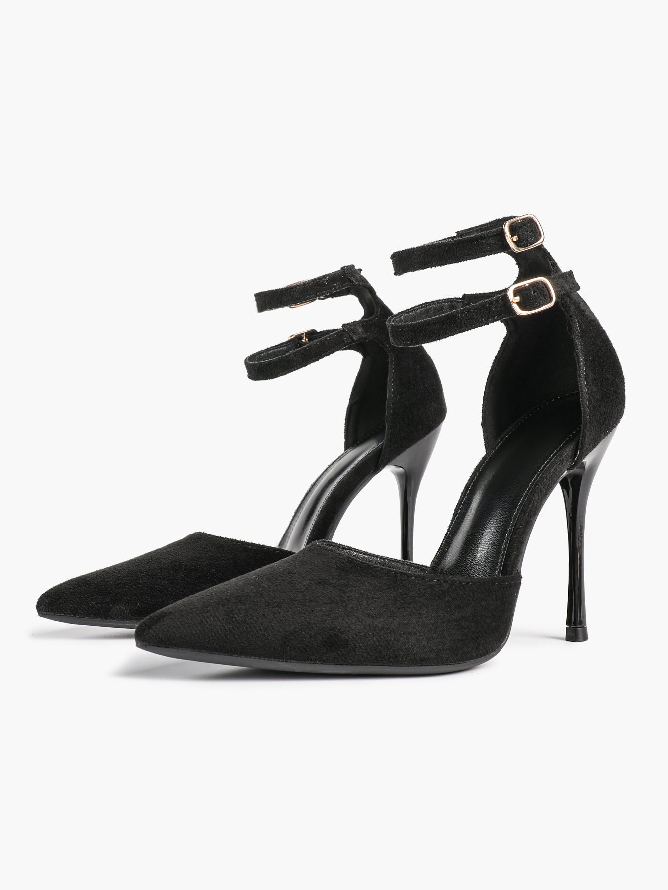Women's Black Pointed Toe Heeled Pumps Double Ankle Strap Stilettos for Office Evening