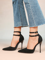Women's Black Pointed Toe Heeled Pumps Double Ankle Strap Stilettos for Office Evening