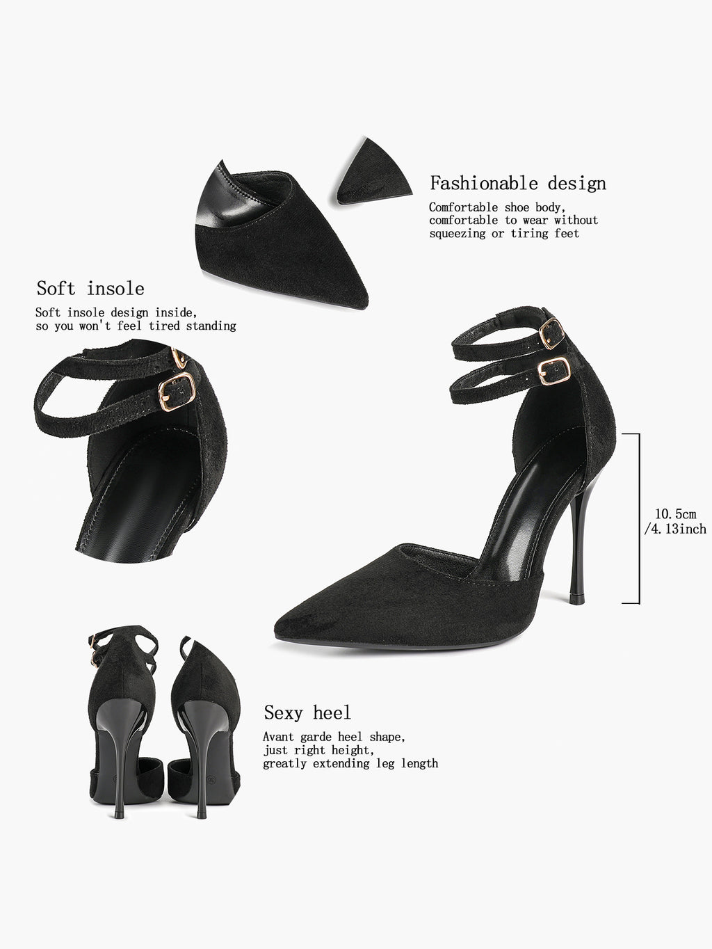 Women's Black Pointed Toe Heeled Pumps Double Ankle Strap Stilettos for Office Evening