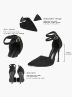 Women's Black Pointed Toe Heeled Pumps Double Ankle Strap Stilettos for Office Evening