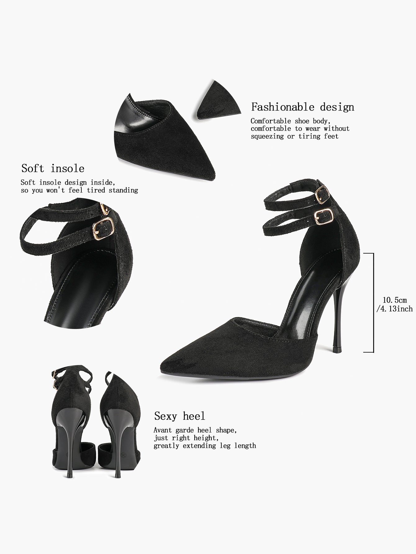 Women's Black Pointed Toe Heeled Pumps Double Ankle Strap Stilettos for Office Evening