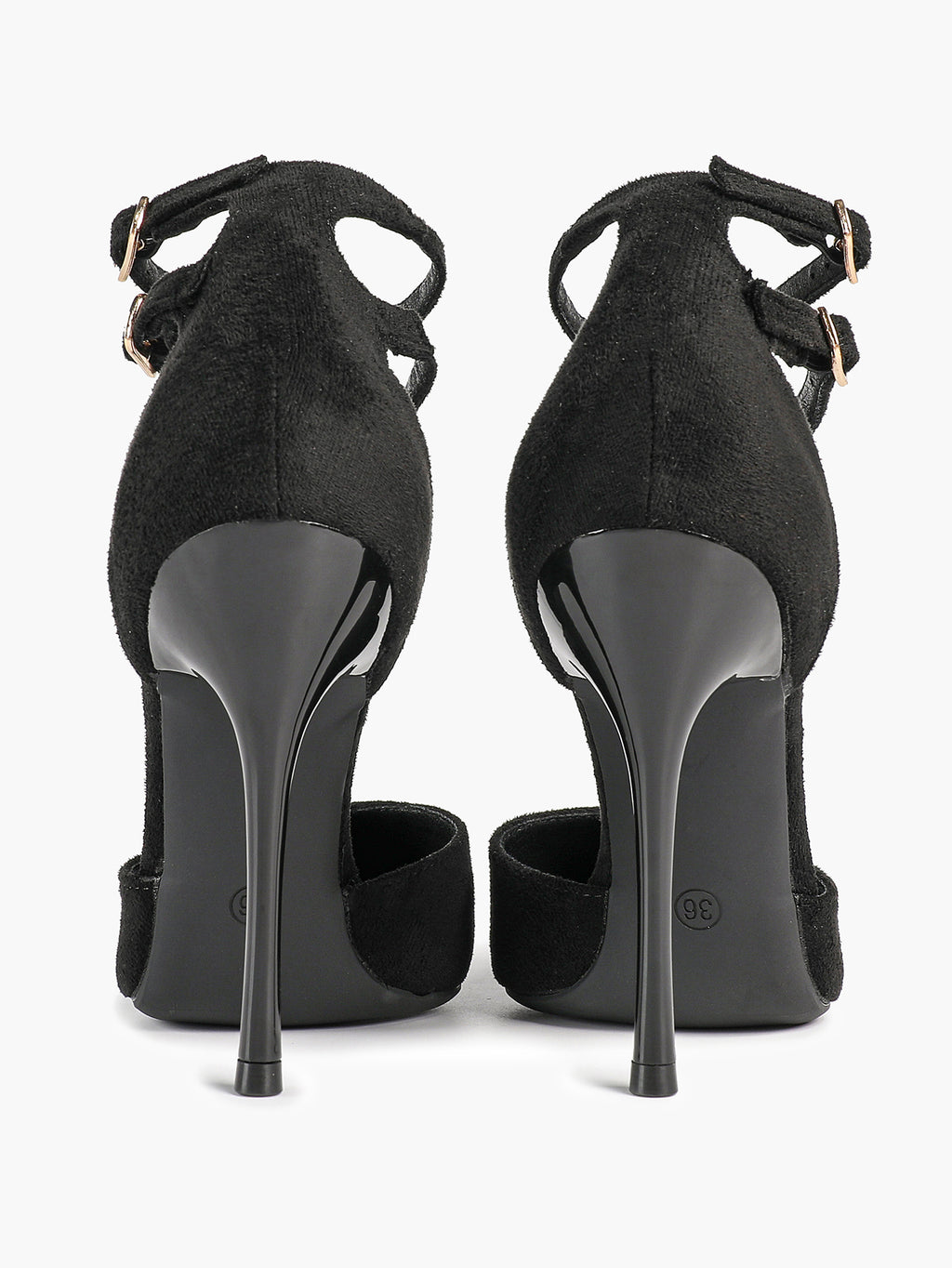 Women's Black Pointed Toe Heeled Pumps Double Ankle Strap Stilettos for Office Evening