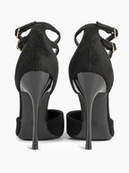 Women's Black Pointed Toe Heeled Pumps Double Ankle Strap Stilettos for Office Evening