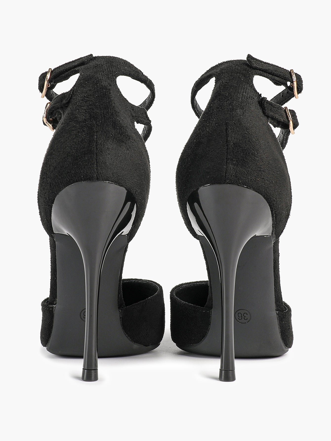 Women's Black Pointed Toe Heeled Pumps Double Ankle Strap Stilettos for Office Evening