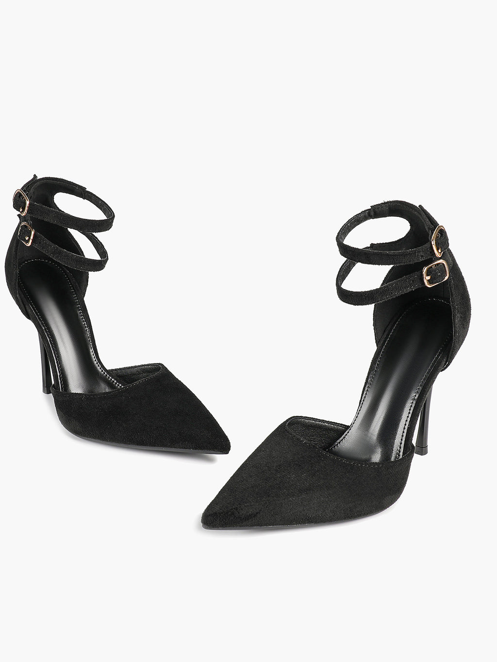 Women's Black Pointed Toe Heeled Pumps Double Ankle Strap Stilettos for Office Evening