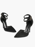Women's Black Pointed Toe Heeled Pumps Double Ankle Strap Stilettos for Office Evening