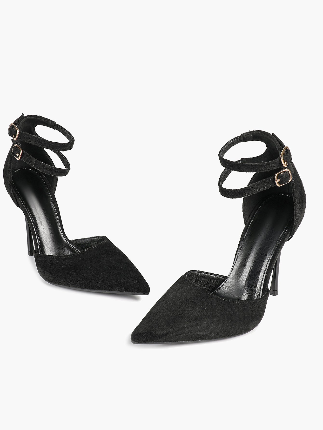 Women's Black Pointed Toe Heeled Pumps Double Ankle Strap Stilettos for Office Evening