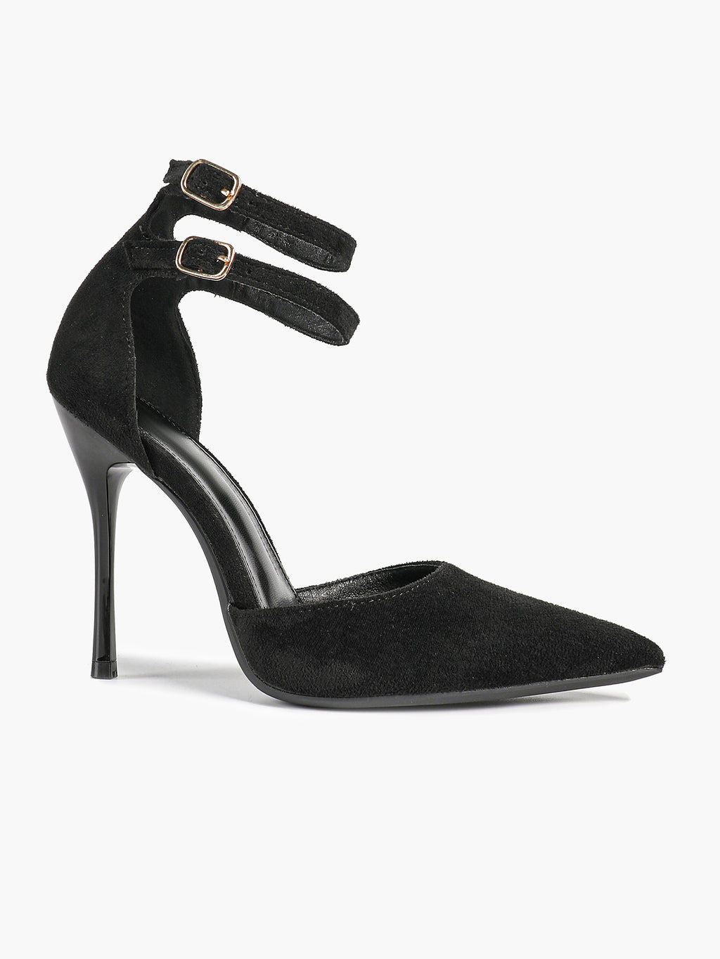 Women's Black Pointed Toe Heeled Pumps Double Ankle Strap Stilettos for Office Evening
