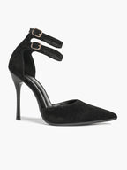 Women's Black Pointed Toe Heeled Pumps Double Ankle Strap Stilettos for Office Evening