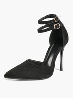 Women's Black Pointed Toe Heeled Pumps Double Ankle Strap Stilettos for Office Evening