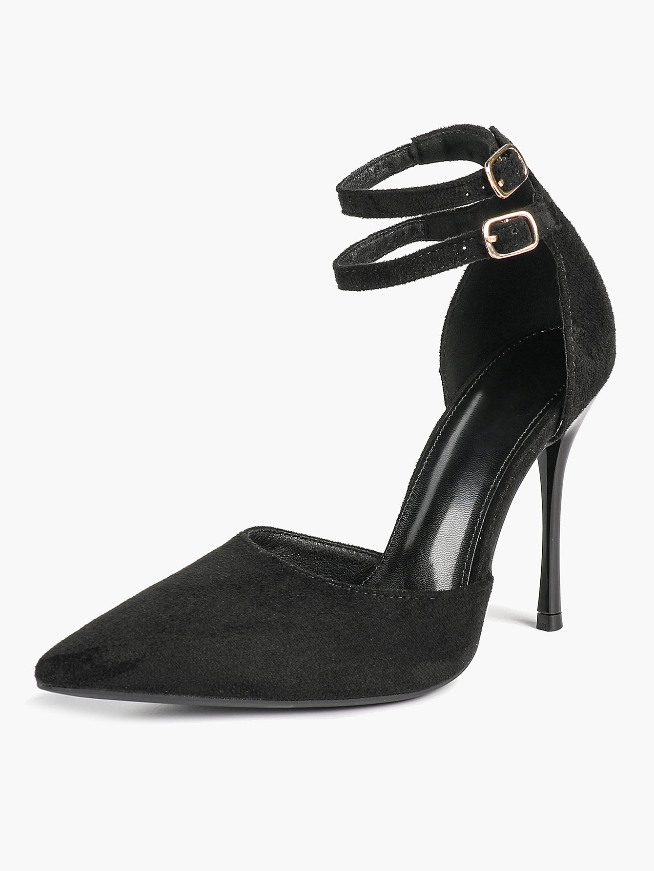 Women's Black Pointed Toe Heeled Pumps Double Ankle Strap Stilettos for Office Evening