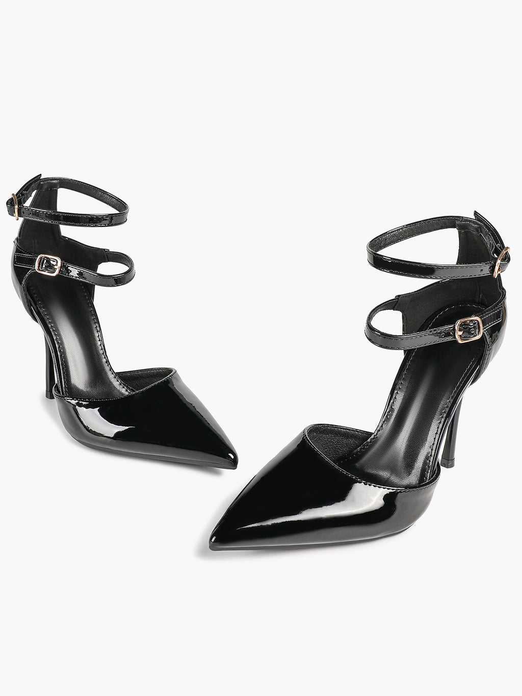 Women's Black Pointed Toe Heeled Pumps Double Ankle Strap Stilettos for Office Evening