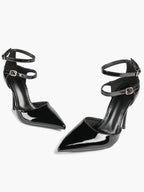 Women's Black Pointed Toe Heeled Pumps Double Ankle Strap Stilettos for Office Evening
