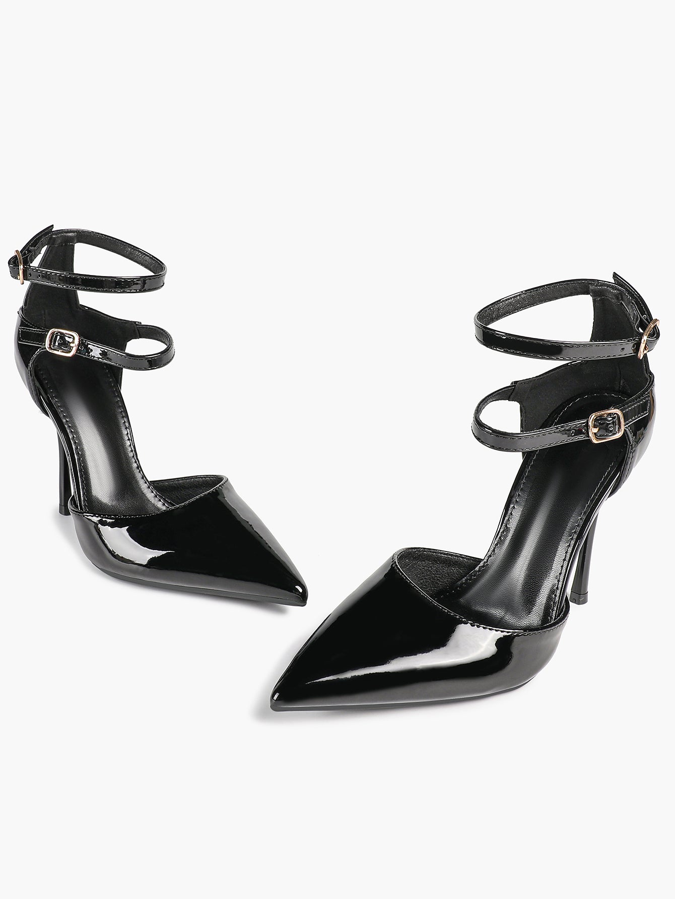 Women's Black Pointed Toe Heeled Pumps Double Ankle Strap Stilettos for Office Evening