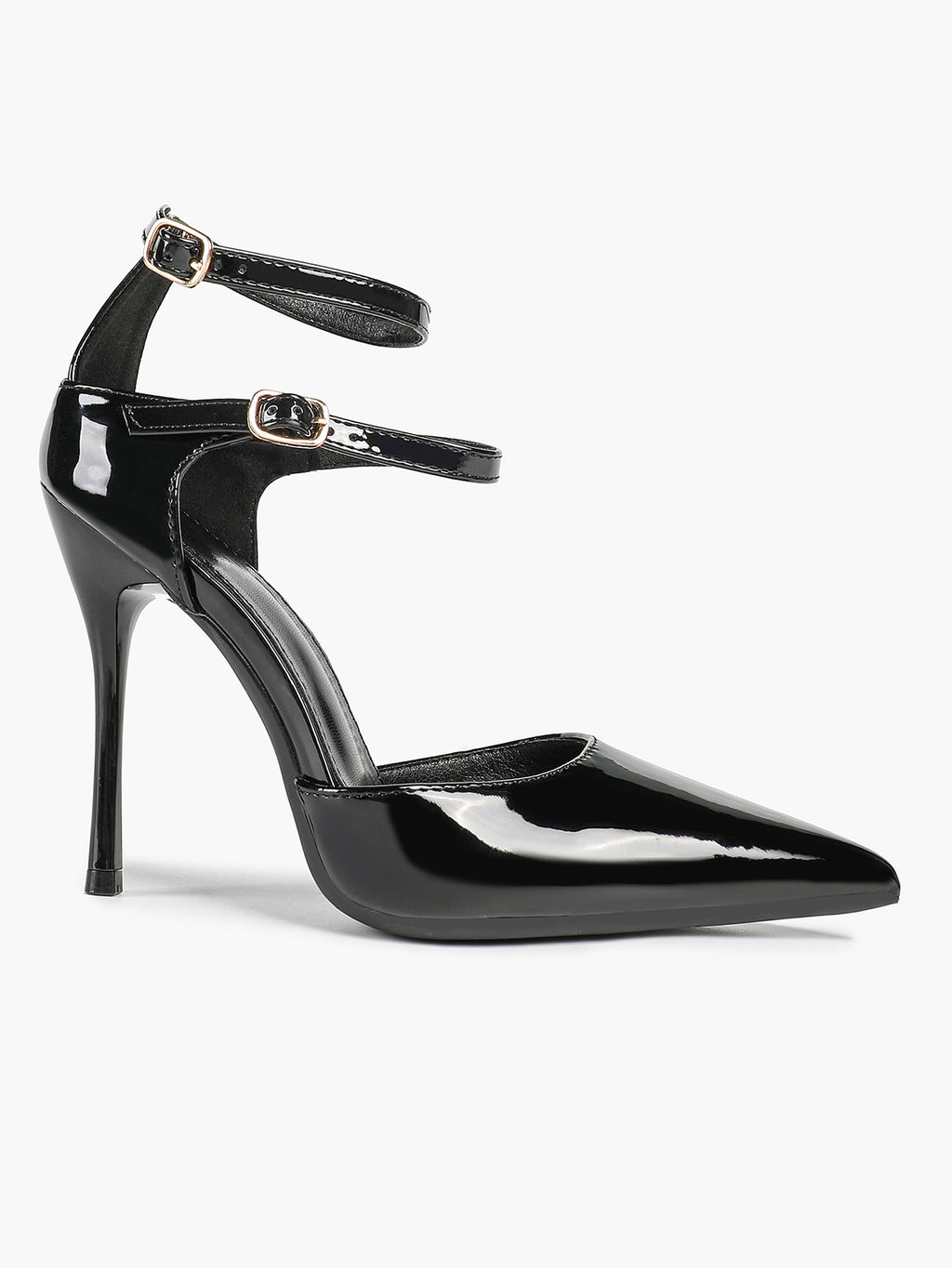 Women's Black Pointed Toe Heeled Pumps Double Ankle Strap Stilettos for Office Evening