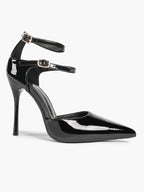 Women's Black Pointed Toe Heeled Pumps Double Ankle Strap Stilettos for Office Evening
