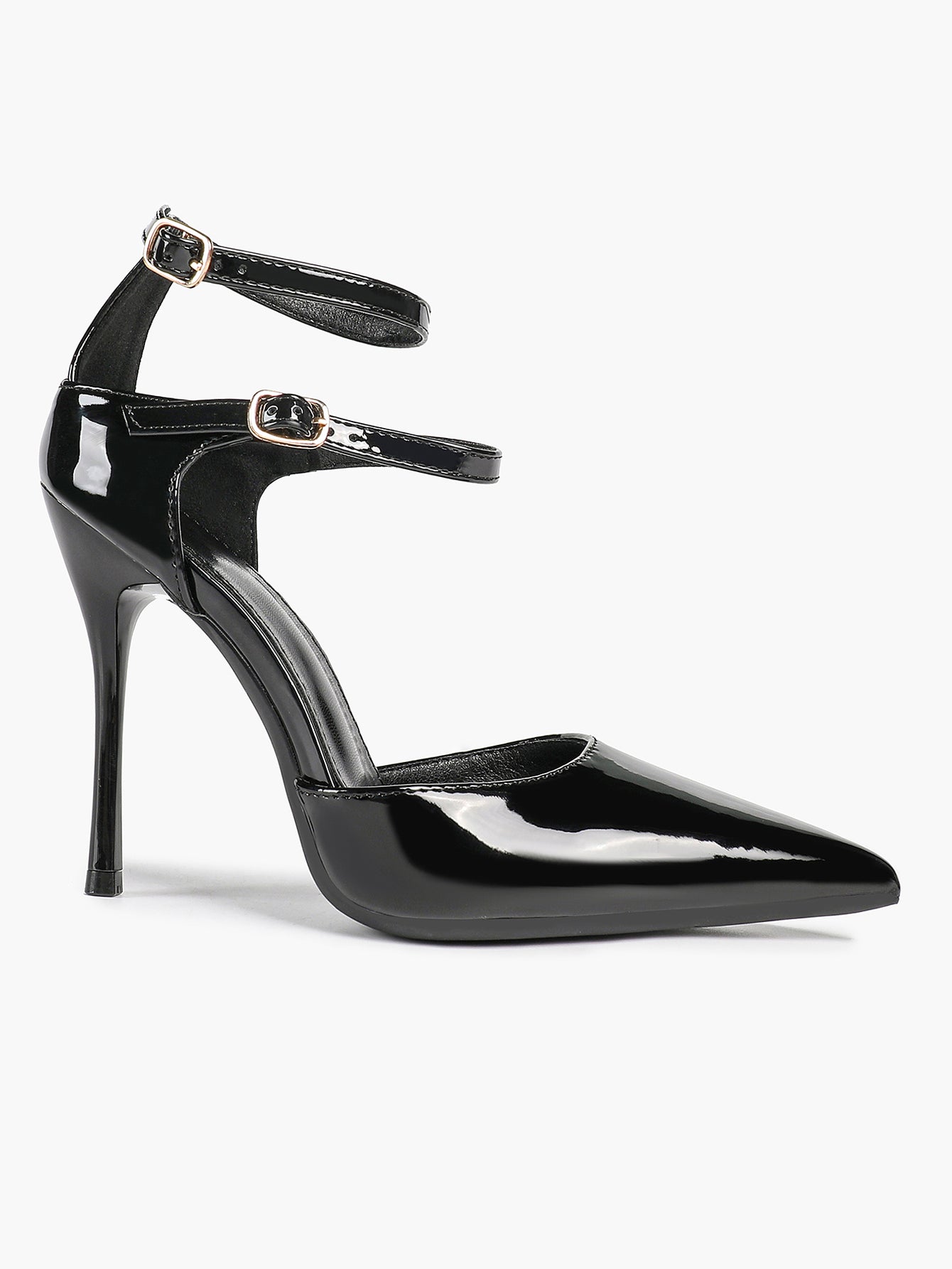Women's Black Pointed Toe Heeled Pumps Double Ankle Strap Stilettos for Office Evening