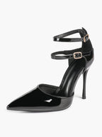 Women's Black Pointed Toe Heeled Pumps Double Ankle Strap Stilettos for Office Evening