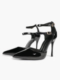 Women's Black Pointed Toe Heeled Pumps Double Ankle Strap Stilettos for Office Evening