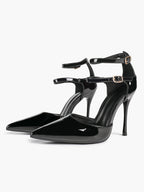 Women's Black Pointed Toe Heeled Pumps Double Ankle Strap Stilettos for Office Evening