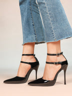 Women's Black Pointed Toe Heeled Pumps Double Ankle Strap Stilettos for Office Evening