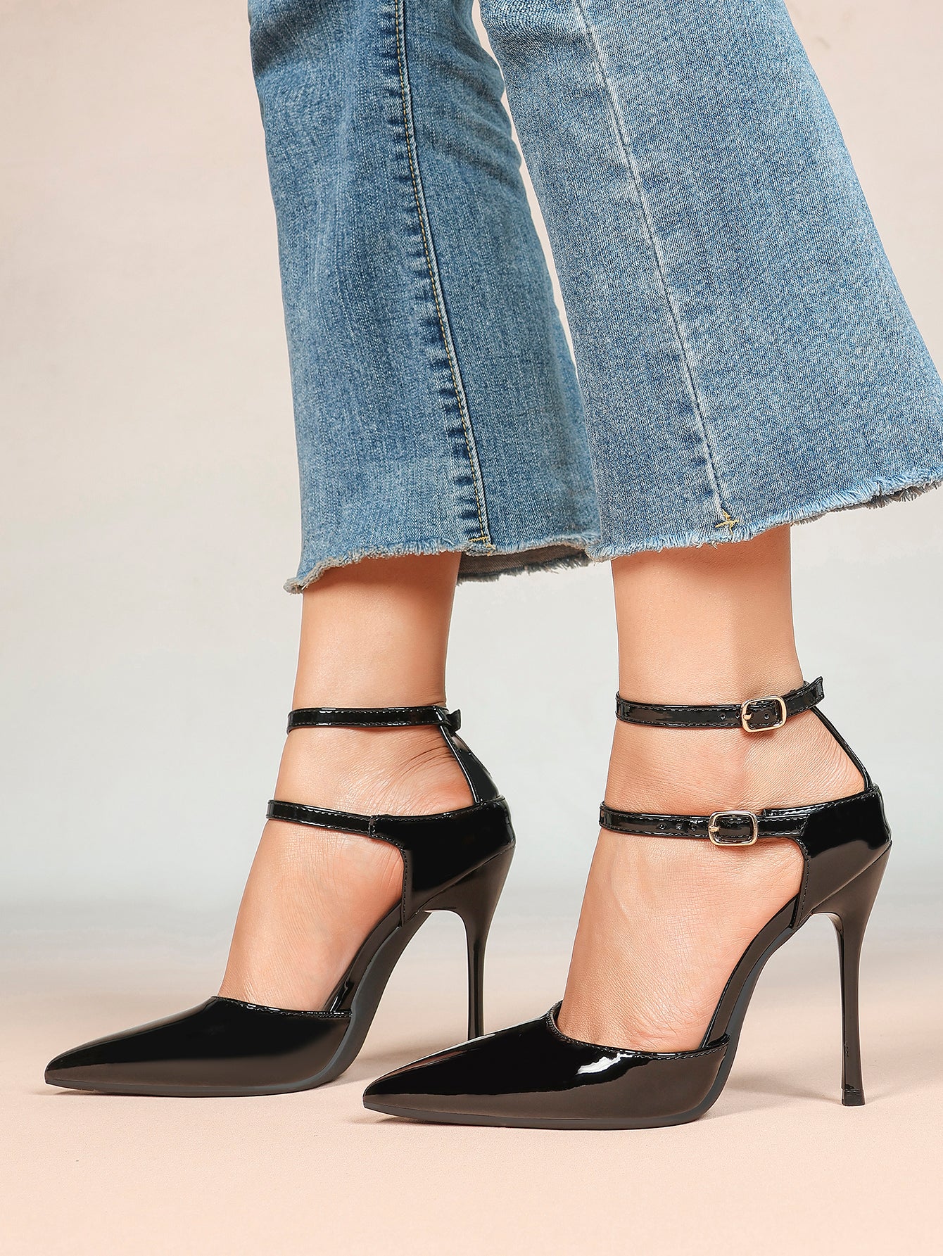 Women's Black Pointed Toe Heeled Pumps Double Ankle Strap Stilettos for Office Evening