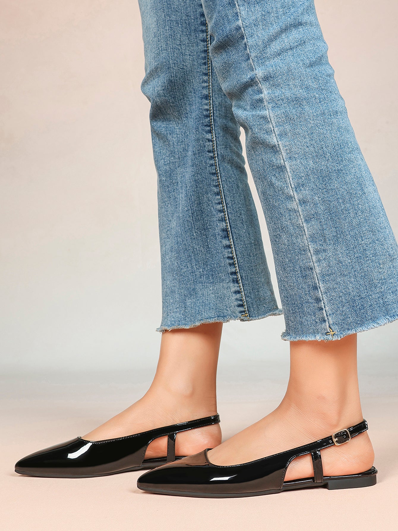 Black Patent Leather Slingback Flats Sleek Pointed Toe Slip On Casual Shoes