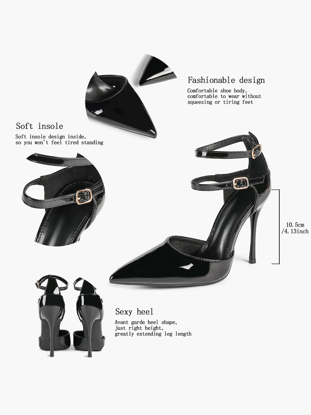 Women's Black Pointed Toe Heeled Pumps Double Ankle Strap Stilettos for Office Evening