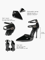 Women's Black Pointed Toe Heeled Pumps Double Ankle Strap Stilettos for Office Evening