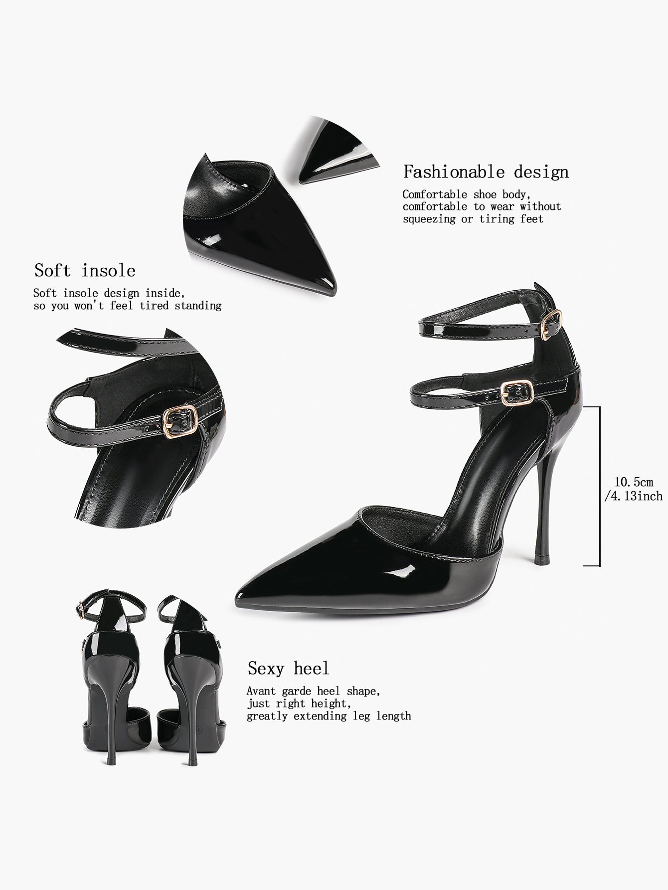 Women's Black Pointed Toe Heeled Pumps Double Ankle Strap Stilettos for Office Evening